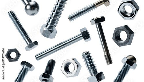 Metal nuts and bolts isolated on transparent background