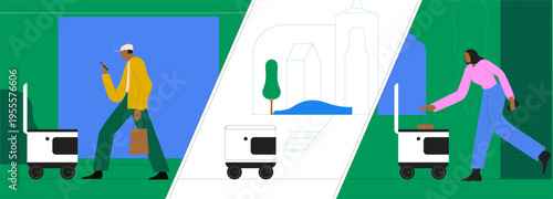 Store worker loading packages into an autonomous delivery robot while a customer receives a shopping bag at home. Modern contactless delivery, smart logistics, and last-mile automation concept.