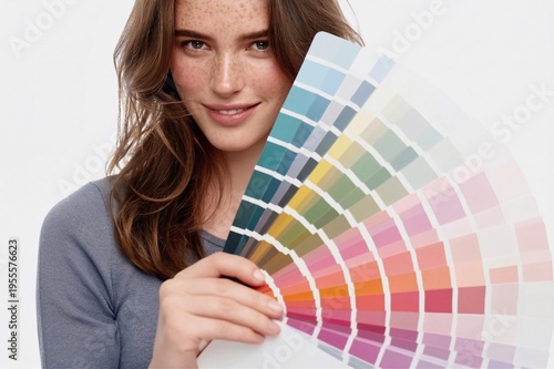Smiling young woman holding color palette for seasonal color analysis
