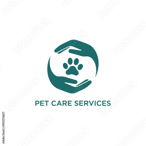 Professional teal pet care services logo featuring animal paw print held by human hands