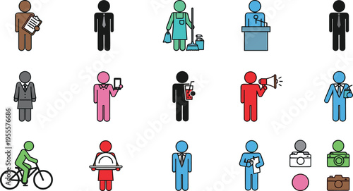 Flat Vector Icon Set of Diverse People Characters for Business and Lifestyle Projects Including Professionals, Service Workers, Cyclists, and Photographers