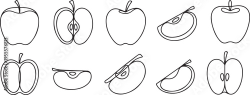 Line apple set. Sketch sliced apples collection. Hand-drawn slices, whole and half linear fruits. Vector isolated on white. one line Icon drawing