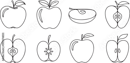 Line apple set. Sketch sliced apples collection. Hand-drawn slices, whole and half linear fruits. Vector isolated on white. one line Icon drawing