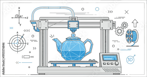 3D Printer Machine Creating Teapot Object with Wireframe Model and Technical Elements for Additive Manufacturing and Engineering Design
