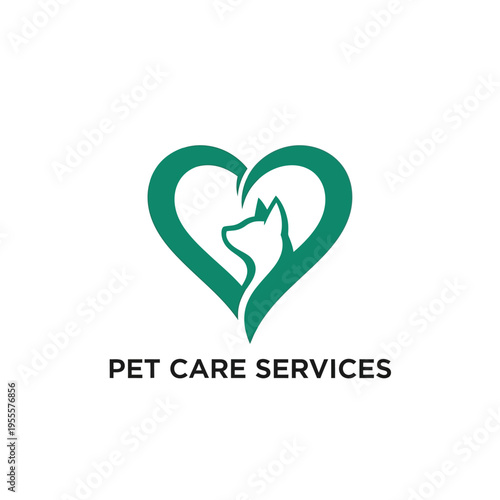 Pet care services logo with dog silhouette inside heart shape for animal shelter branding