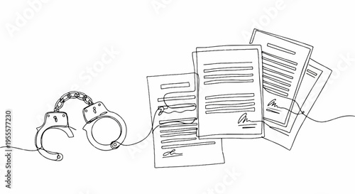 Handcuffs and papers with strings on a white background symbolizing crime and bureaucracy