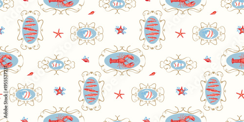 Coastal, beach, seaside home decor concept, marine life, nautical themed seamless pattern design. Seafood background with lobsters, small fish, starfish, shells and decorative frames for summer
