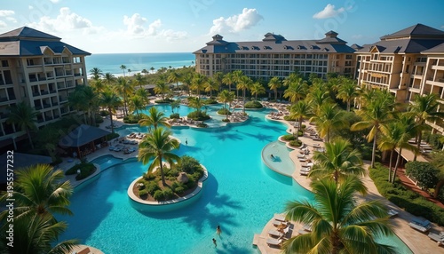 Luxurious resort hotel with large azure swimming pool surrounded by palm trees. Guests swim and relax near ocean beach under sunny blue sky.