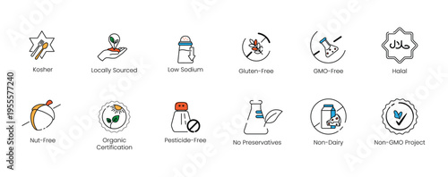 Dietary restrictions and food allergy vector line icon set, highlighting gluten-free, nut-free, kosher, halal, and organic certification badges for product labels.