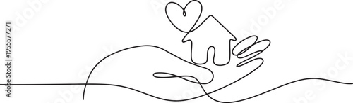 Hand holding house with heart continuous line drawn. Real estate protection concept. Charity symbol. one line Icon drawing
