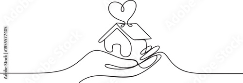 Hand holding house with heart continuous line drawn. Real estate protection concept. Charity symbol. one line Icon drawing