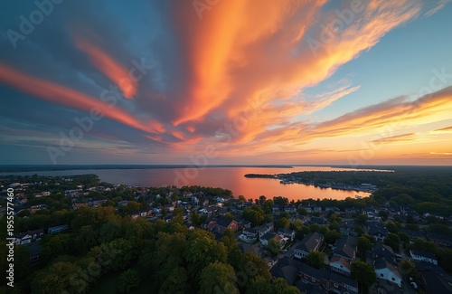 Dramatic sunset illuminates sky over lake and town. Orange clouds streak across blue expanse. Houses nestled among green trees reflect warm light on calm water.