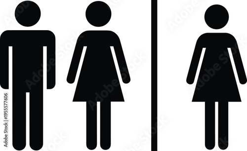 Restroom symbols set, male and female toilet icons, public bathroom signage, black silhouette figures isolated on white background
