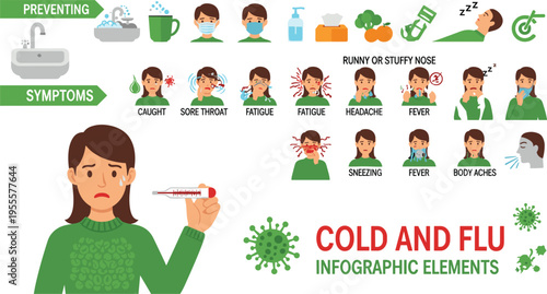 Cold and Flu Infographic Showing Symptoms, Prevention Tips, and Health Care Elements Including Fever, Cough, Sneezing, and Hygiene Practices