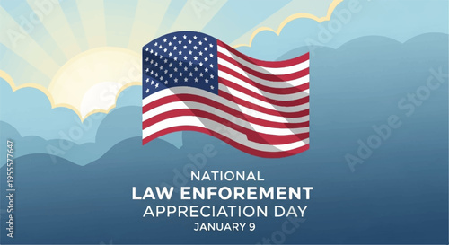 American flag waving on national law enforcement appreciation day with mountains and cloudy sky background