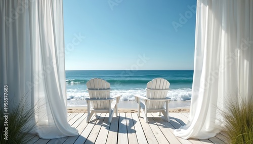 Two white Adirondack chairs on a wooden deck face the ocean. White sheer curtains frame a beautiful beach scene with clear blue sky and gentle waves, inviting relaxation and vacation.