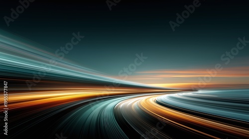 Velocity concept through glowing orange and cyan lines sweeping around a bend
