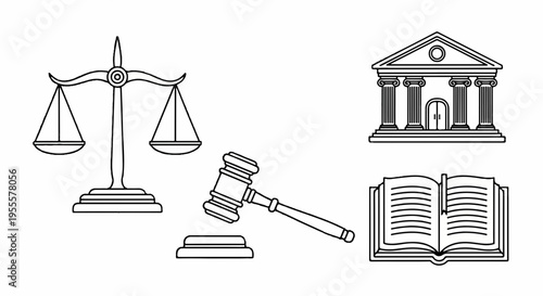 Law and justice symbols scales gavel court building and legal book illustration