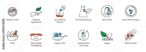 Clean eating and sustainable food packaging vector line icon set, featuring vegan, non-GMO, whole grain, and no artificial flavors labels.