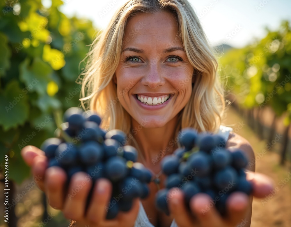 Fototapeta premium Smiling woman holds dark grapes in sunny vineyard. Blonde woman with blue eyes shows fresh fruit harvest. She smiles in grape field during summer day.