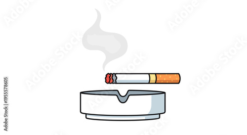 Minimalist flat vector illustration of a burning cigarette placed in an ashtray with soft rising smoke. Clean outline style with muted colors, suitable for anti-smoking campaigns