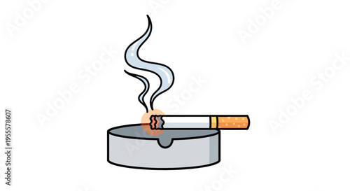 Minimalist flat vector illustration of a burning cigarette placed in an ashtray with soft rising smoke. Clean outline style with muted colors, suitable for anti-smoking campaigns