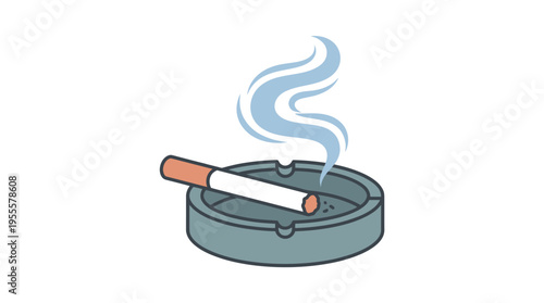 Minimalist flat vector illustration of a burning cigarette placed in an ashtray with soft rising smoke. Clean outline style with muted colors, suitable for anti-smoking campaigns