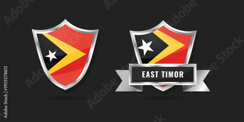 Premium glossy silver shield and ribbon emblem featuring the national flag of Timor-Leste, suitable for international relations and patriotic branding