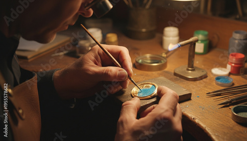 Grand Feu enameling process applying blue glass powder on gold watch dial