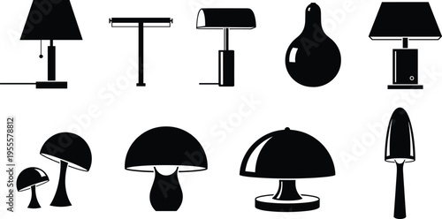 Vector silhouette collection of various modern desk lamps table lights and decorative interior lighting fixtures isolated on a white background.