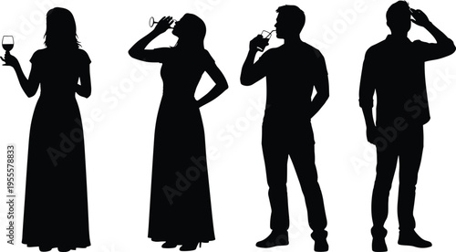 Vector silhouettes of men and women drinking wine and juice in various poses isolated on white background for party designs.