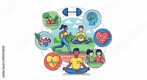 People meditating and exercising outdoors with healthy lifestyle icons around them in a serene natural setting with blue sky