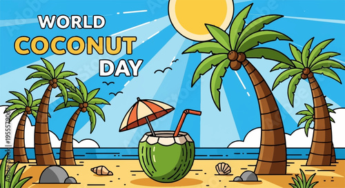 Coconut on a tropical beach with palm trees and umbrella on world coconut day