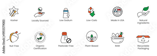 Comprehensive organic and dietary food packaging vector line icon set, featuring recyclable packaging, kosher, low-sodium, plant-based, and nut-free certification badges.