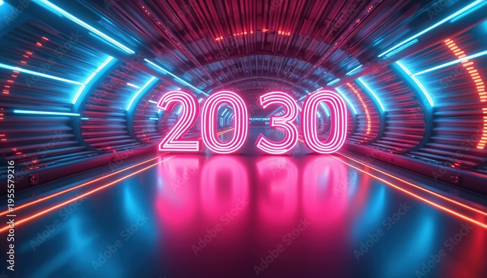 Fototapeta premium Neon tunnel with glowing numbers 2030 signifies future progress and technological advancement. Vibrant blue and pink lights create a dynamic sci-fi atmosphere representing speed and innovation.