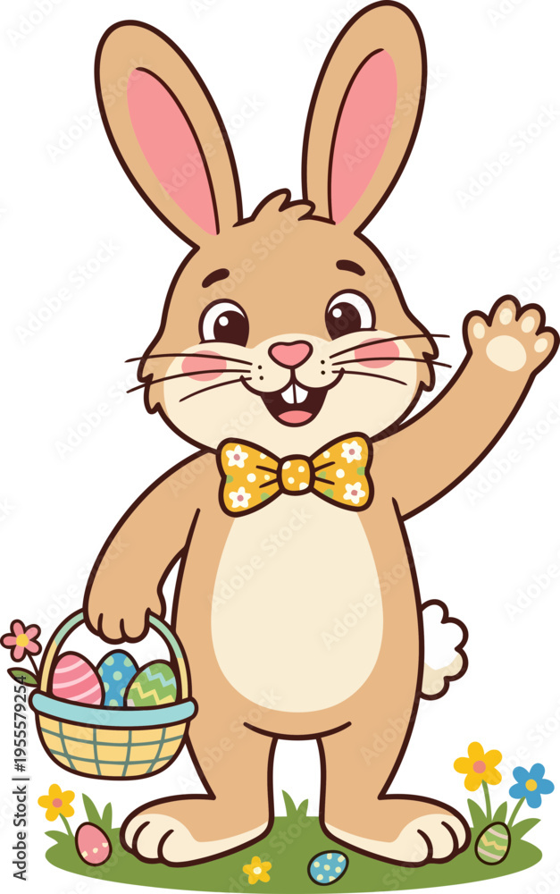 Fototapeta premium Cartoon easter bunny waving hand and holding basket.