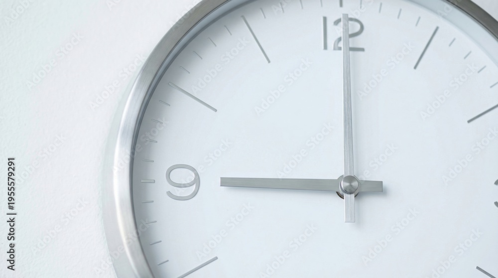 Fototapeta premium Minimalist clock showing nine o'clock on white wall, symbolizing punctuality and time management in modern office
