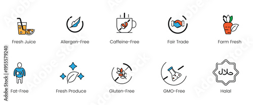 Halal diet and fresh food restriction vector line icon set, highlighting gluten-free, fat-free, fair trade, and fresh juice labels for healthy menus and packaging.
