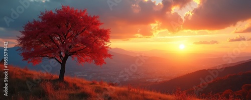 Red tree stands on grassy hill at sunset. Cityscape below bathed in warm orange light. Mountains fade into distant hazy sky. Autumnal scene displays vibrant colors.