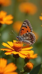 Orange butterfly with patterned wings lands on bright yellow flower. Insect feeds on nectar surrounded by summer garden flora. Detailed macro view of natural world.