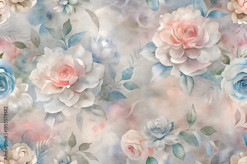 Soft pastel watercolor roses with a seamless pattern.