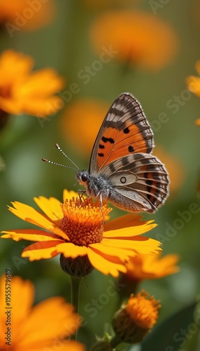 Orange butterfly with patterned wings lands on bright yellow flower. Insect feeds on nectar surrounded by summer garden flora. Detailed macro view of natural world.