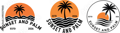 Variations of the sunset and palm logo designs for estd 2026 branding