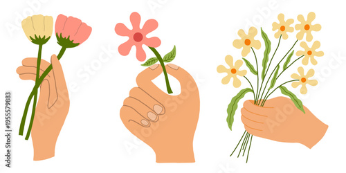 Set of hands holding flowers and floral bouquets vector illustration. Human hands giving flowers collection for greeting cards and gifts