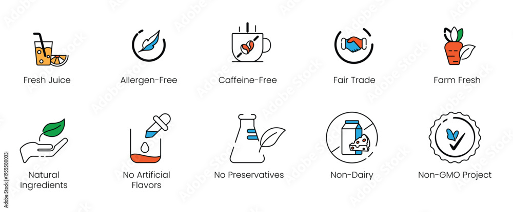 Fototapeta premium ealthy beverage and ethical sourcing food label vector line icons, including fresh juice, fair trade, farm fresh, and caffeine-free symbols for product packaging.