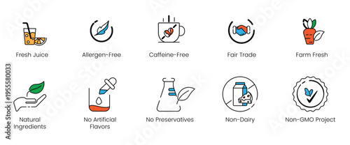 ealthy beverage and ethical sourcing food label vector line icons, including fresh juice, fair trade, farm fresh, and caffeine-free symbols for product packaging.