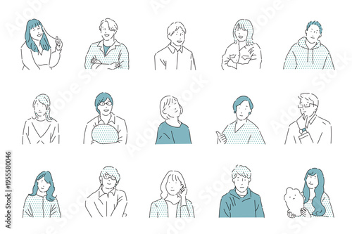 男女アバター上半身ーオシャレシンプル線画アイコンセットベクターイラスト素材