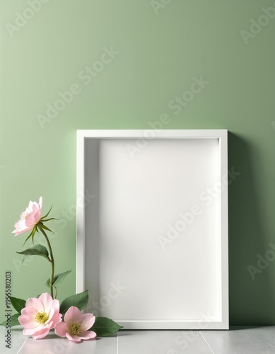 Minimalist white frame with light pink flowers and green leaves on pastel wall. Empty space for text on picture, clean background. Gentle natural composition for greeting cards, branding.