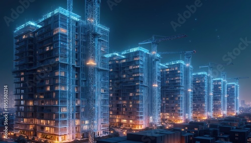 Wallpaper Mural Skyscraper construction project at night. Modern buildings rise against dark sky with cranes operating. City skyline glows with lights below. Torontodigital.ca