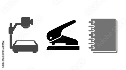 Office Supplies Projector, Hole Punch, and Notebook